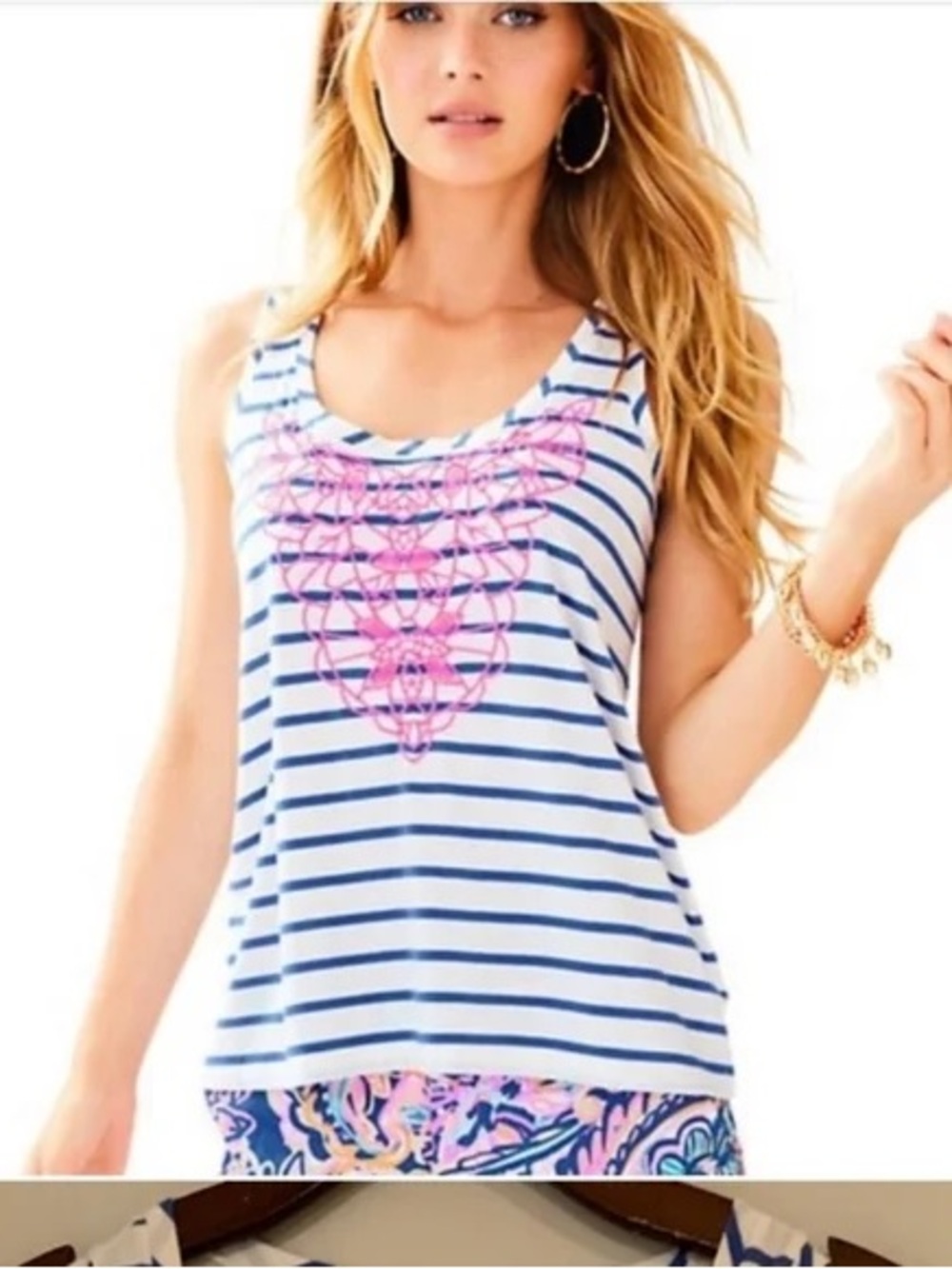 Lilly Pulitzer White & Blue Striped Tank with Pink Crochet Accent